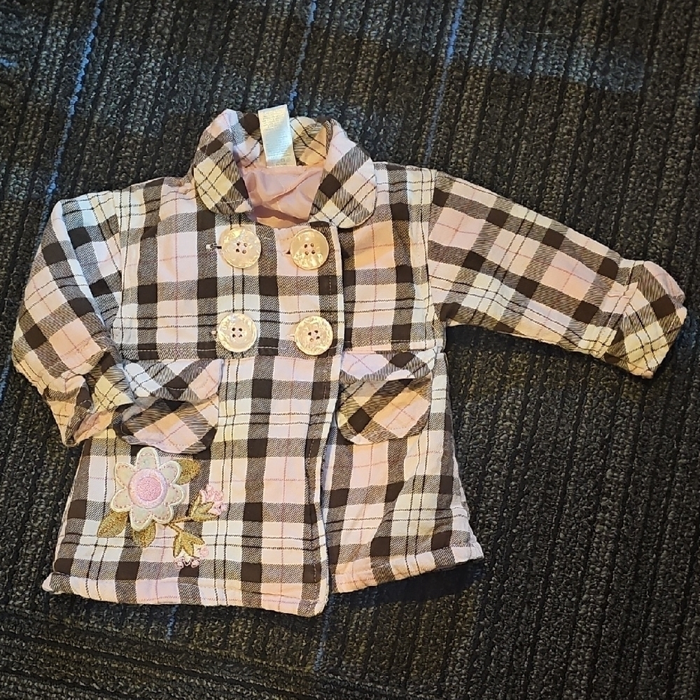 Charming Plaid Pea Coat with Floral Accent